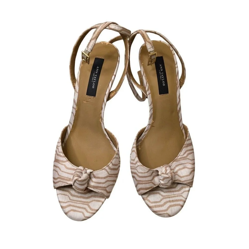 Ann Taylor Womens Open-Toe Heels With Knotted Bow Beige & White Size 8